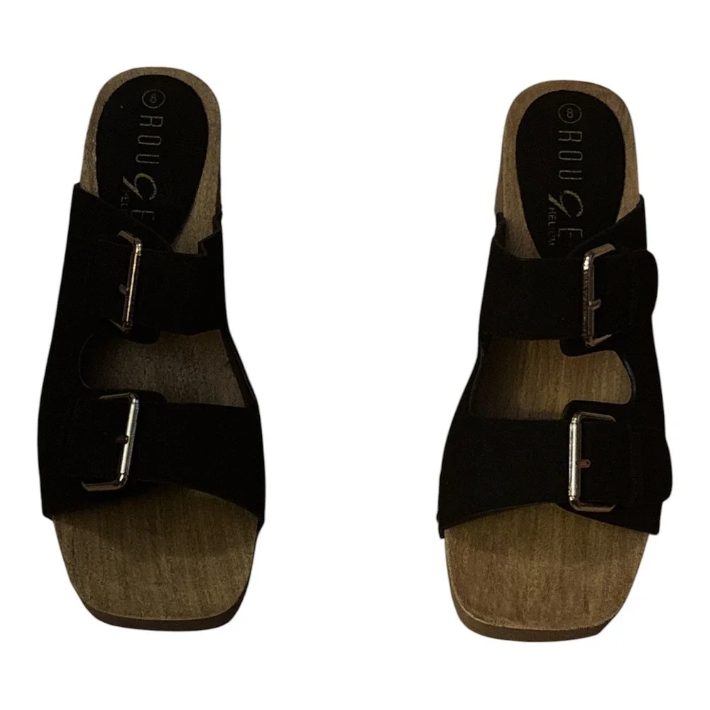 Rouge Helium Black Suede Double Buckle Platform Clog Slide Sandals Womens 8